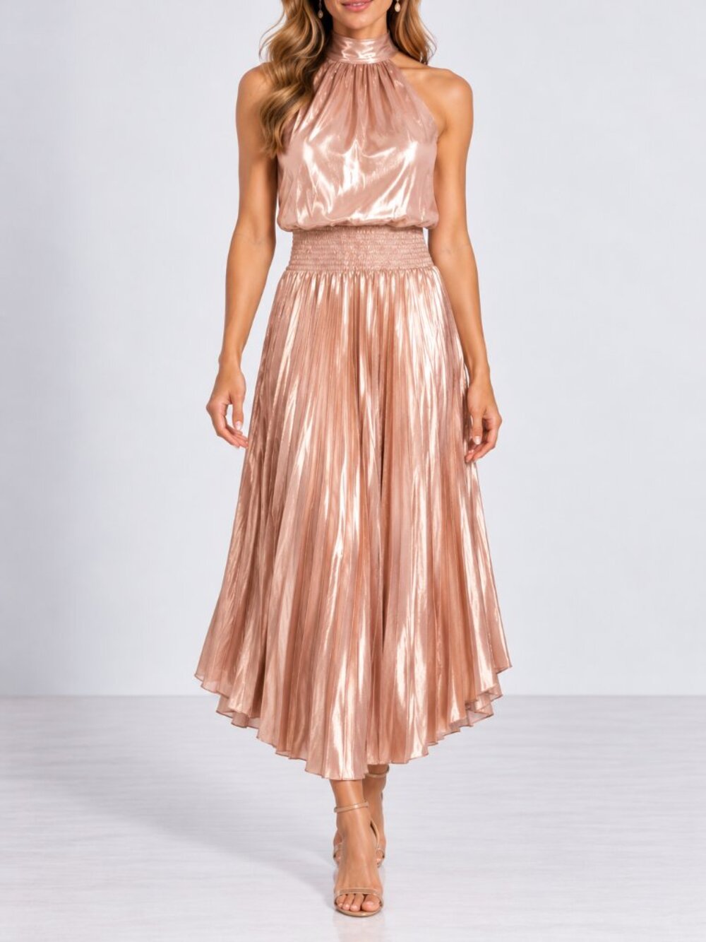 Ramy Brook Olana Dress Pleated Metallic Blus Pink Midi Dress Sz 8 NWT